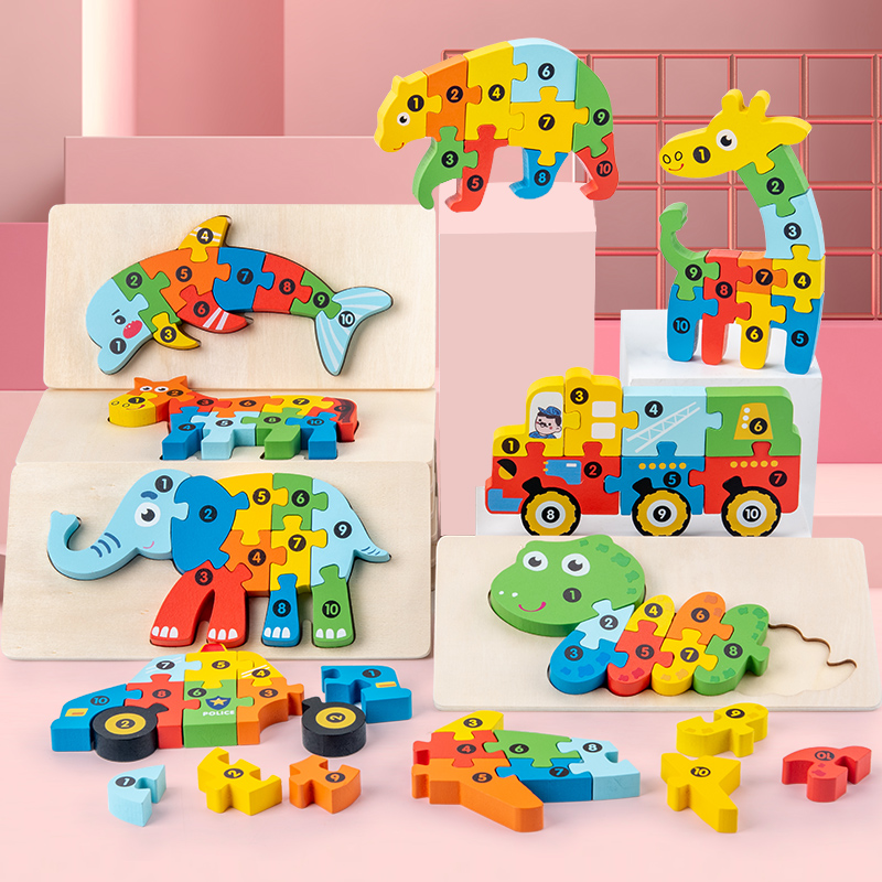 Custom Kids Wooden 3d Puzzle Jigsaw Toys For Children Cartoon Animal Vehicle Wood Toddler Puzzles 