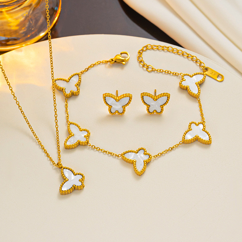 Stainless Steel Butterfly Pendant Necklace Earring And Bracelet Set Women Gold Jewelry Set 