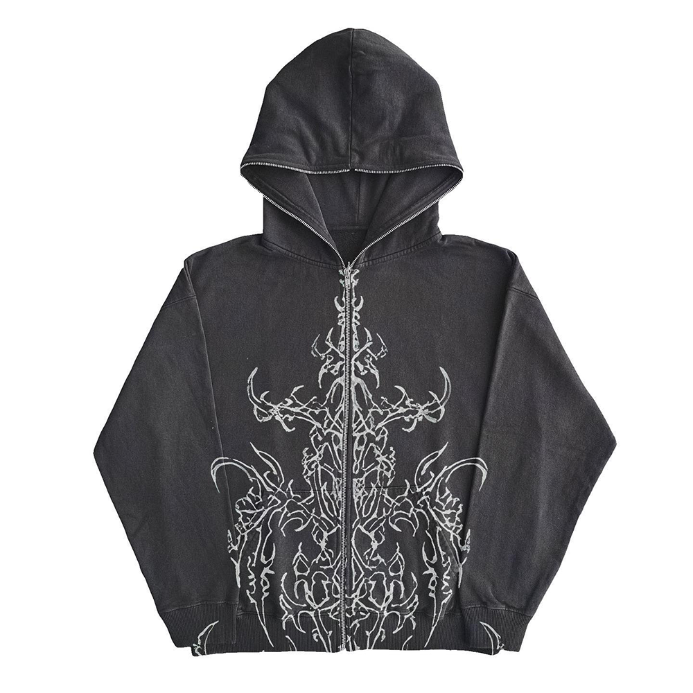 Unisex Vintage Distressed Embroidered Hoodie Streetwear Acid Wash Screen Printed French Terry Zip Up For Men 