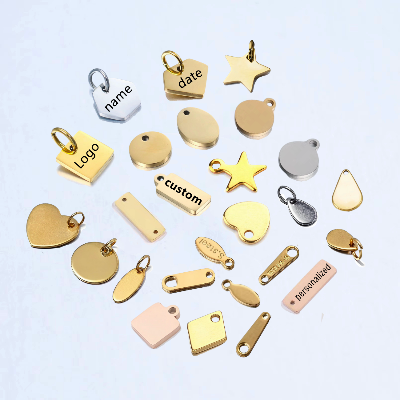 Wholesale Custom Metal Geometric Tags Designer Stainless Steel Engraved Brand Logo Charm Pendant For Jewelry 