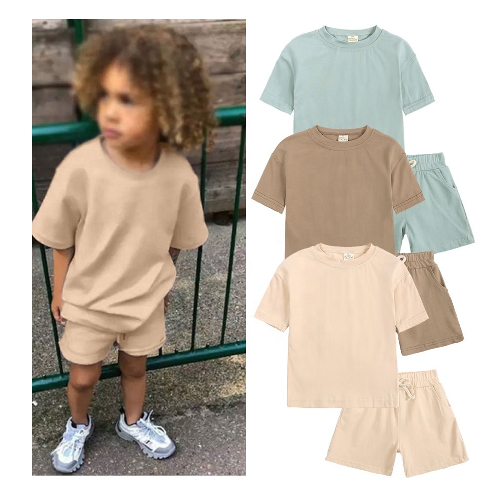 8395 Rts Summer Casual Girls Boys Tracksuit Children Teenager Short Sleeve Cotton Tops Shorts 2pcs Baby Clothing Set 
