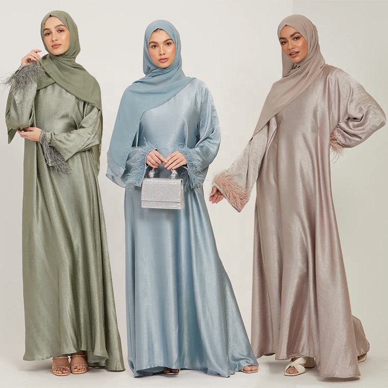 Modest Islamic Clothing Premium Polyester Feathered Closed Abaya Wholesale Satin Abaya Dress With Chiffon Hijab 