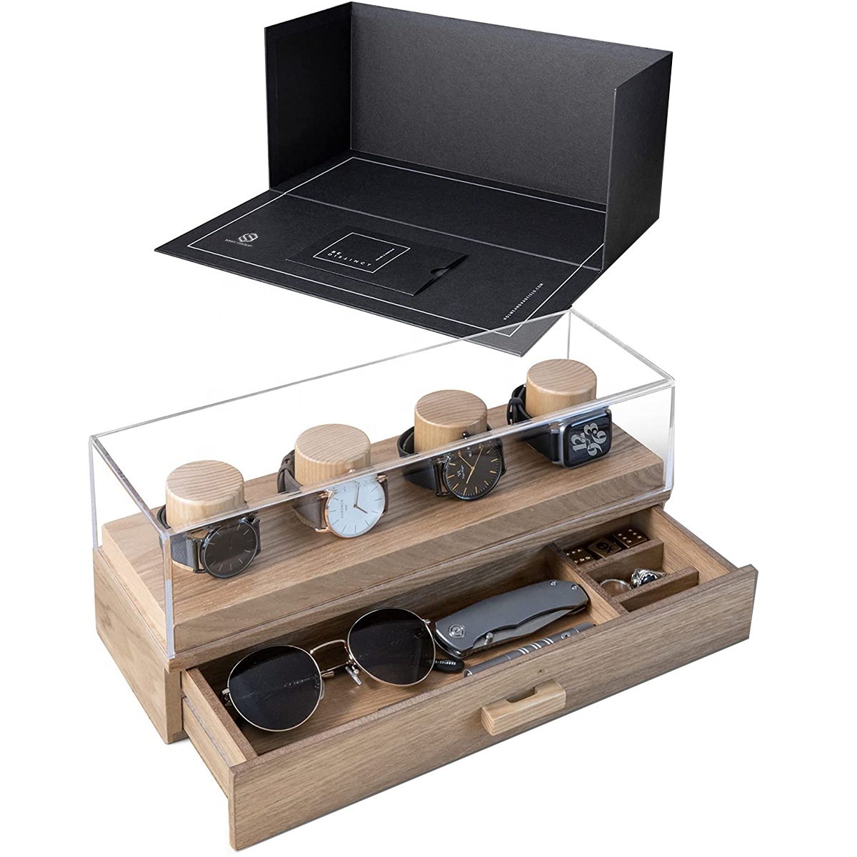 Handcraft Oak Lacquered 4 Watches Wooden Display Case Mens Watch Jewelry Gift Box Organizer For Birthday Christmas Gifts 
