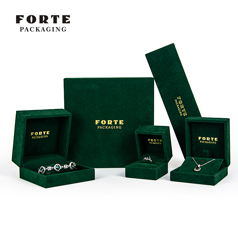 Forte Free Sample Wholesale Green Custom Necklace Bangle Packaging Jewelry Box Suede Velvet Ring Box With Logo 
