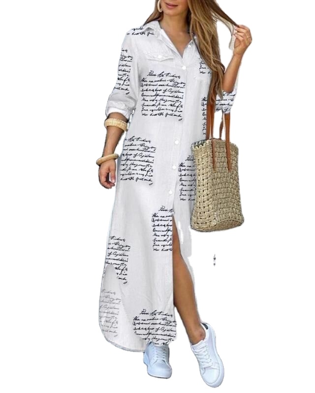 Fashion Women Long Sleeve Shirt Dress Autumn Printed Ol Long Dresses Ladies Turn-down Collar Loose Sundress Party Dresses 