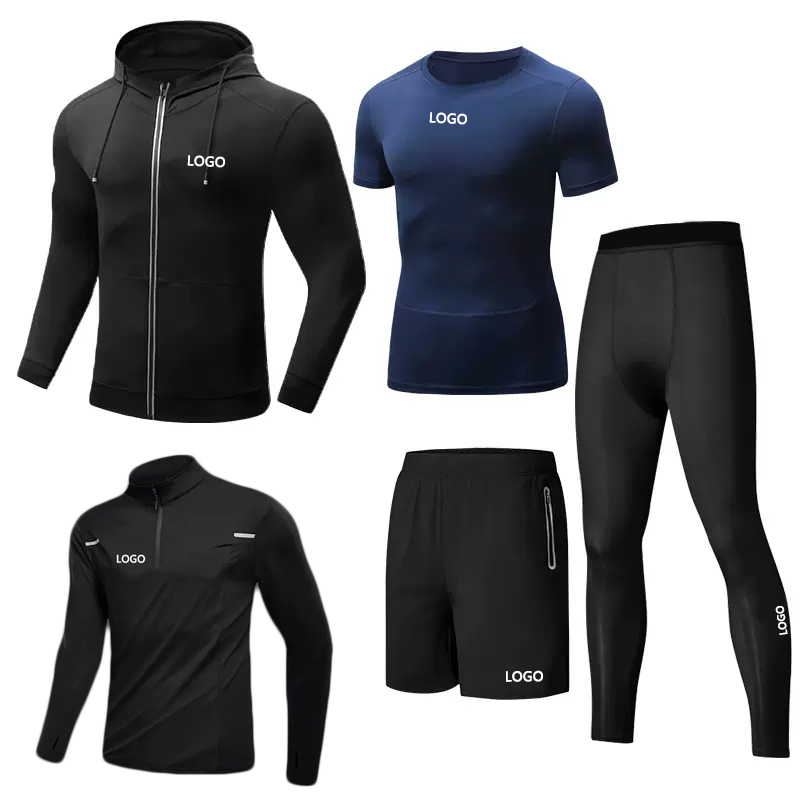 Wholesale Custom Men 5-pieces Suits Men's Compression Shirt Set High Elastic Quick Drying Breathable Sportswear Gym Fitness Set 