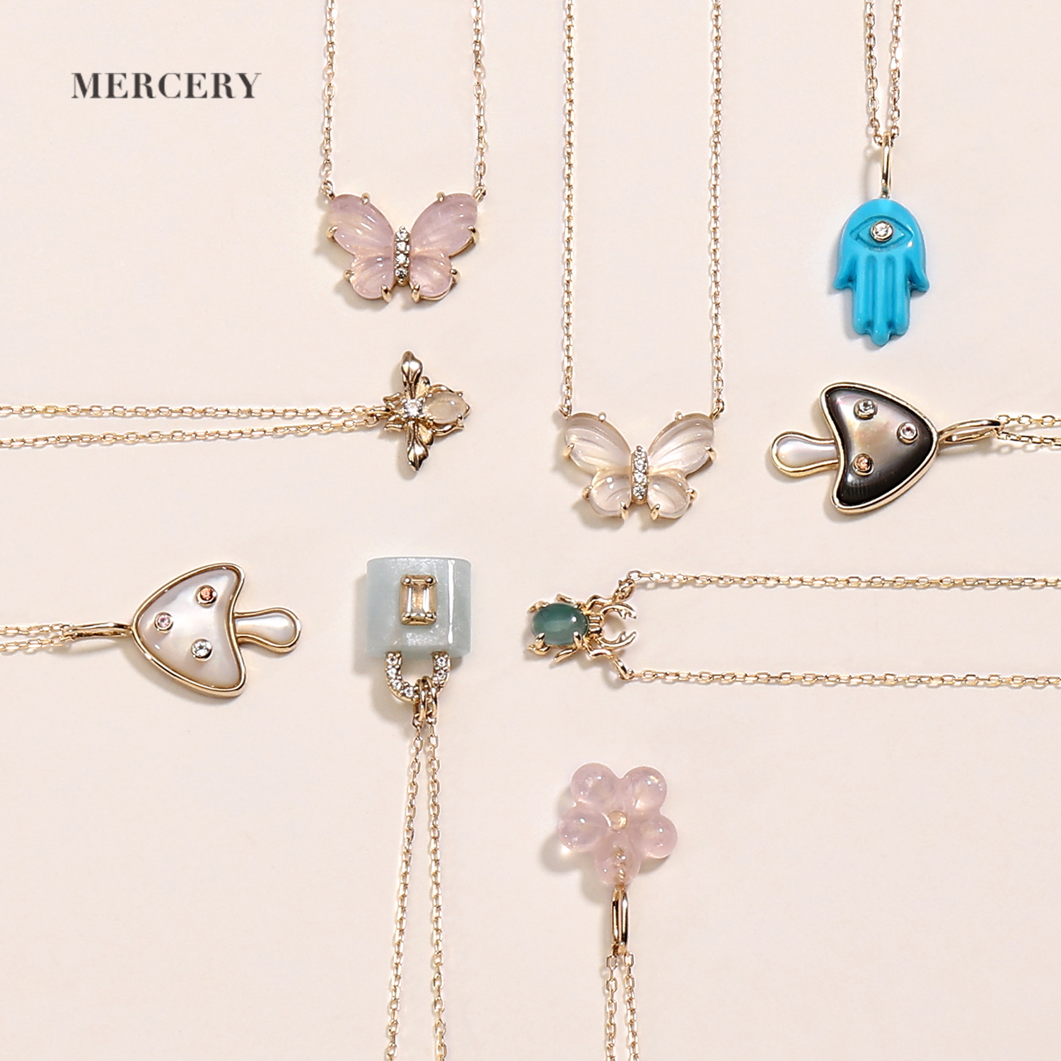 Mercery Fine Jewelry Calcedony Delicate Gemstone Custom Free Logo 14k Solid Gold Butterfly Insect Pendant Necklace For Women 