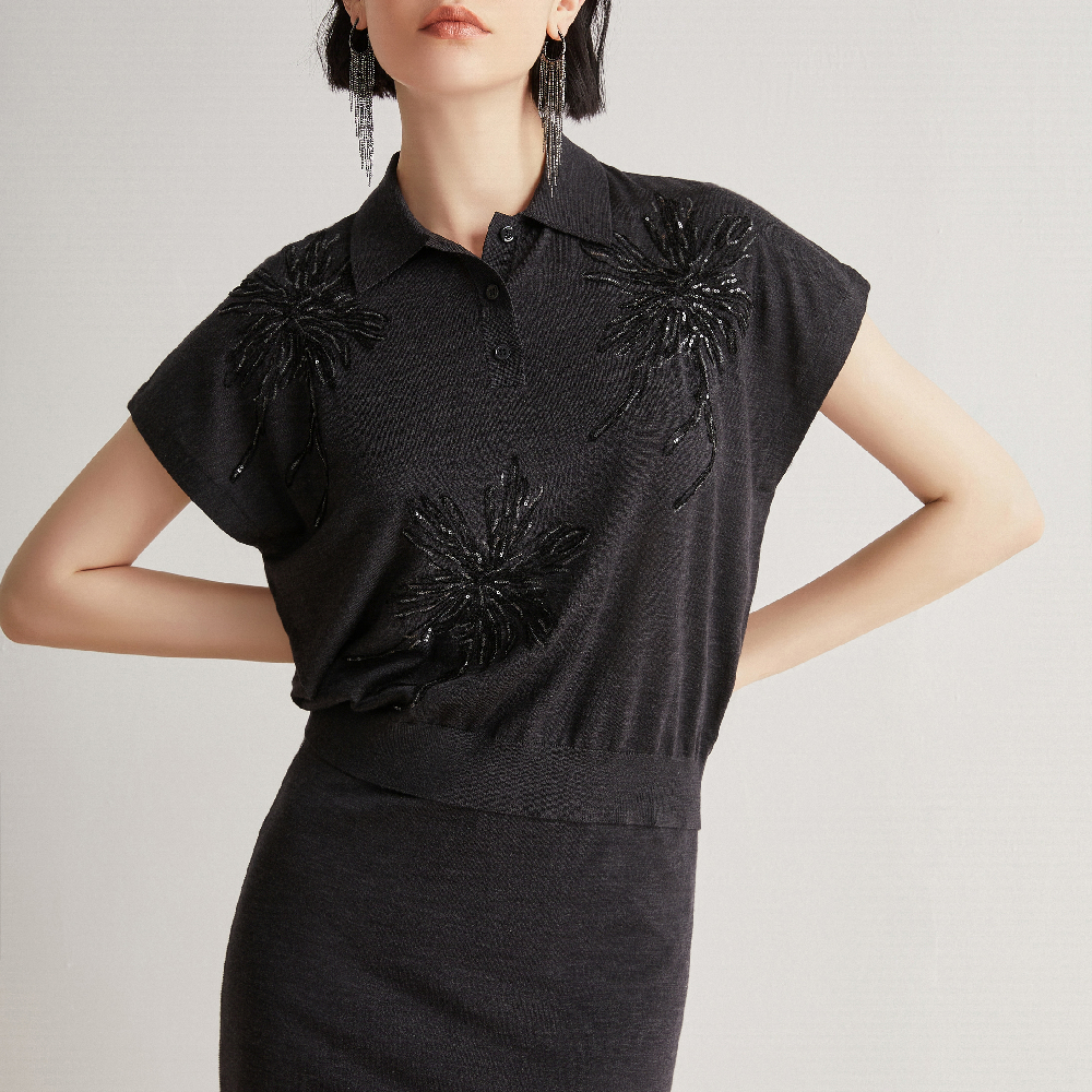 Embroidery Polo Sweater Woolen Tops For Women's Clothing Wool Silk Sweaters Ladies Clothes Pullover T Shirts 