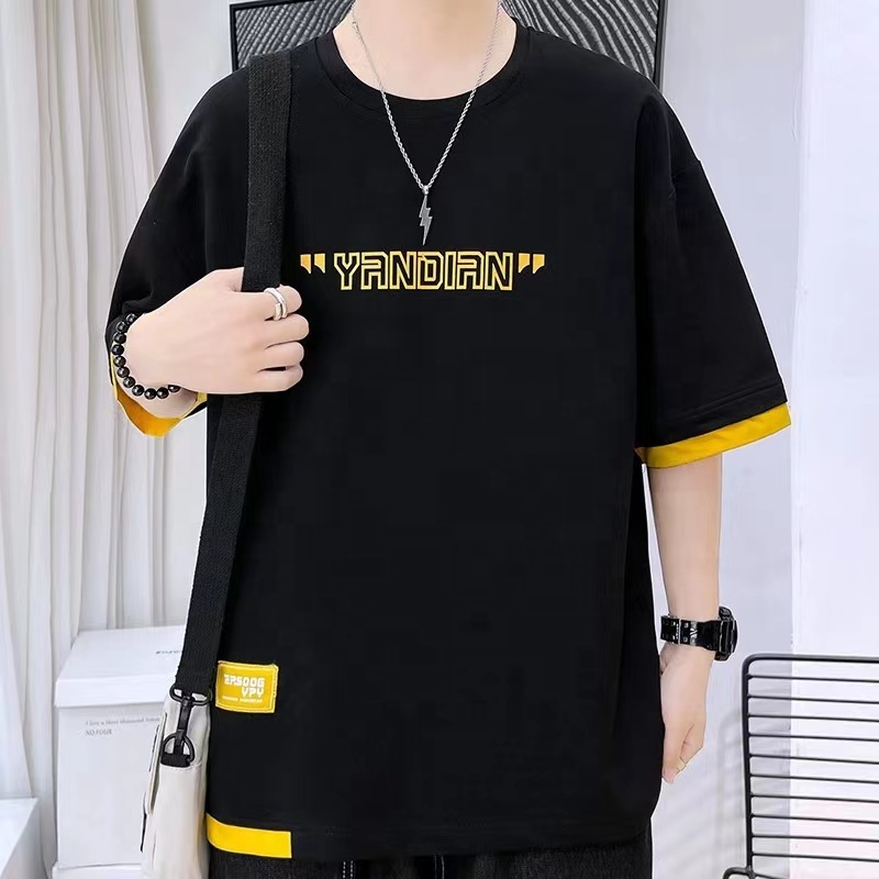 100% Cotton Men's Half Sleeve Summer T-shirt Oversized Street Trend Custom Logo Harajuku Style Print Loose Fit Short Sleeve Tops 