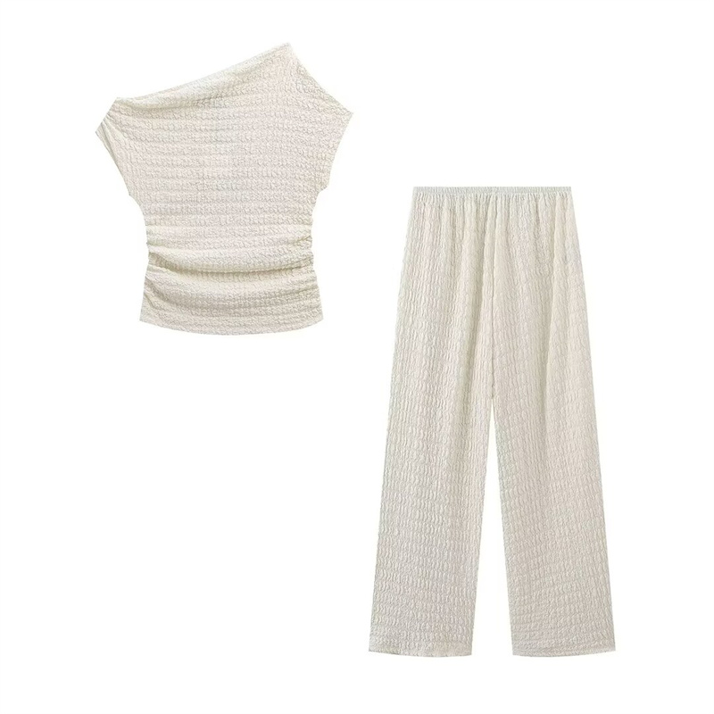 Taop&amp;za New Summer Women's Clothing 24-4 French Fashion Knitted Texture Solid Color Asymmetric Top And Pants Suit 