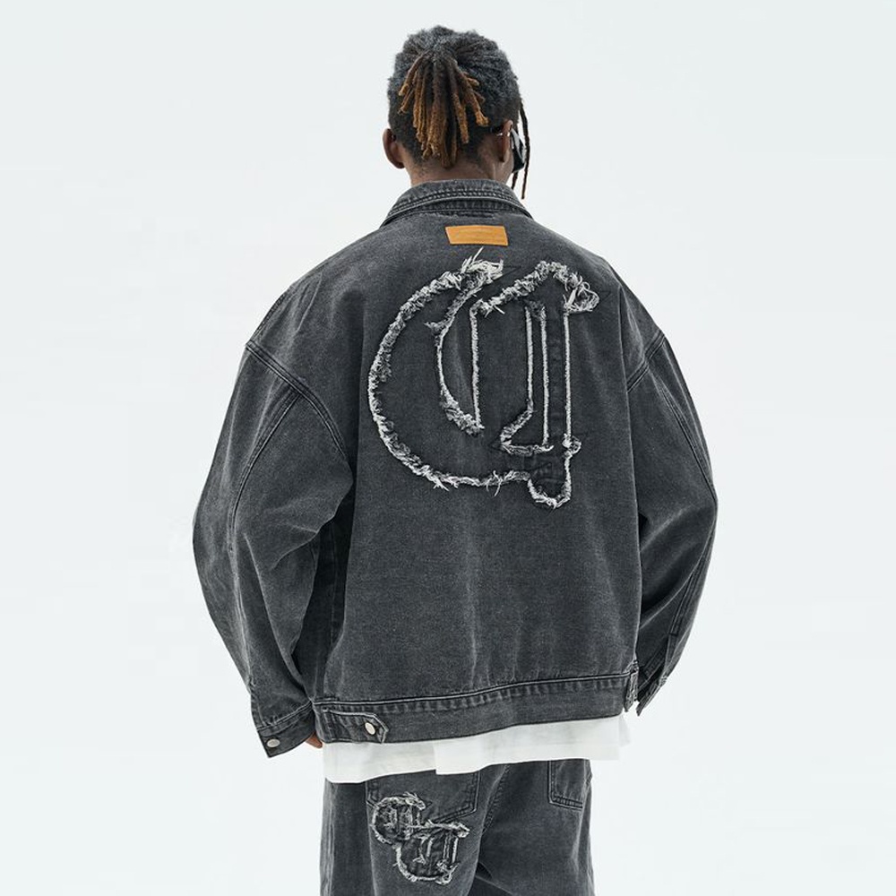 Oem Denim Jacket High Street Cross Patch Printed Embroidered Old Denim Men's Coat Loose Oversized Vintage Denim Jacket 