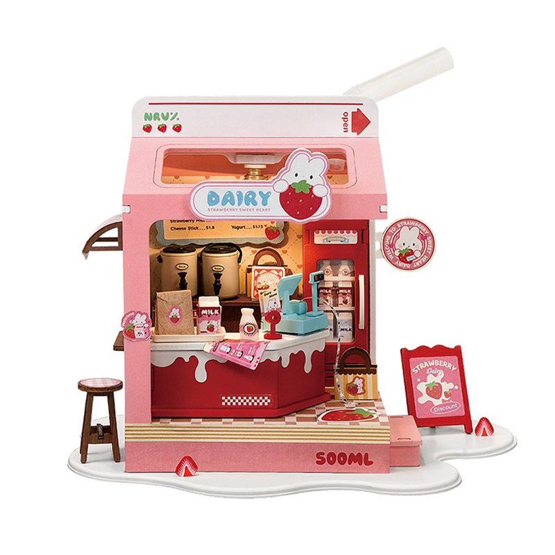Robotime Rolife Kids Toys Ds034 Strawberry Milk Box Model Kit Diy Miniature House 3d Wooden Puzzles 
